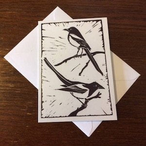2 eksters wenskaart - van originele lino print