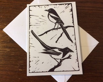 2 magpies greetings card - from original lino print