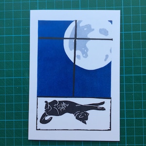 Carte de vœux pour chat noir et lune - à partir d’un imprimé lino original