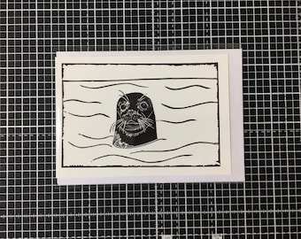 Seal greetings card - from a lino print