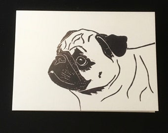 Pug dog greetings card - from a lino print