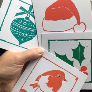 Paquete de tarjetas de Navidad - 4 tarjetas de impresiones originales de lino