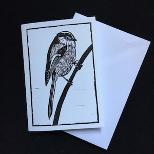 Może przedstawiać: Czarno-biała ilustracja ptaka siedzącego na gałęzi. Ptak ma długi ogon i małą głowę. Ilustracja jest wydrukowana na białej kartce.