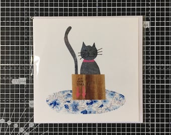 Cat in a box greetings card - from an original collage