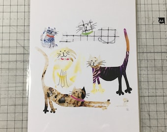 5 cats and a mouse collage - Art print A5