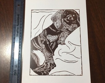 Dachshund puppy art print - from an original lino print