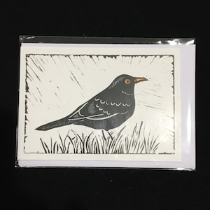Blackbird greetings card - from a lino print