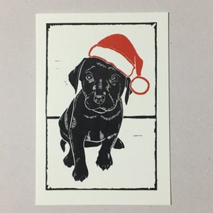 Tarjeta de felicitación de Christmas Puppy - de una impresión de lino