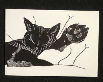 Sleepy black cat greetings card
