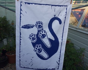 Cat tea towel - blue screen print, pure cotton