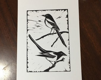 2 Magpies art print - Two for Joy, from an original lino print