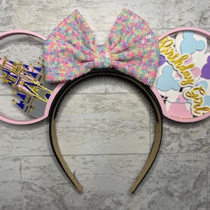 Custom Name Cinderella Castle and Balloons 3D Printed Ears | Birthday Cinderella Castle Mouse Ears | Interchangeable Mouse Ears |