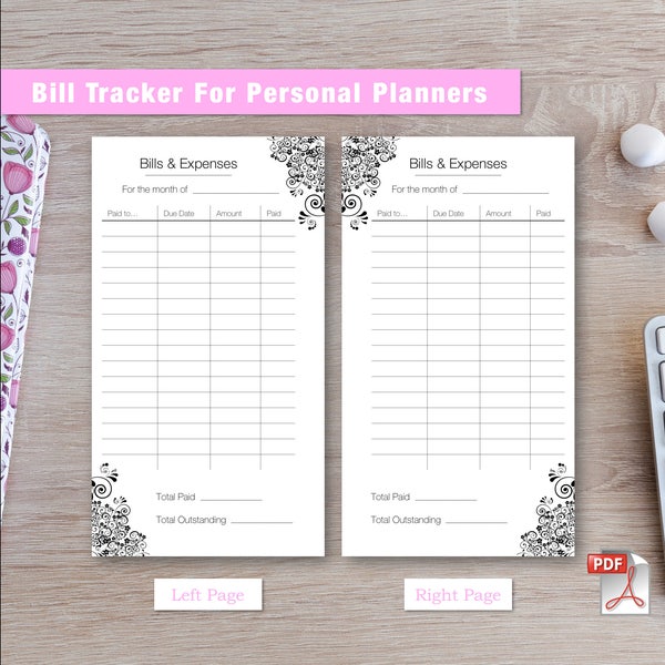 Printable Expenses Bills Tracker | Insert For Personal Planners - 95mm x 171mm | Filofax Kikki K Color Crush Kate Spade Marion Smith & More