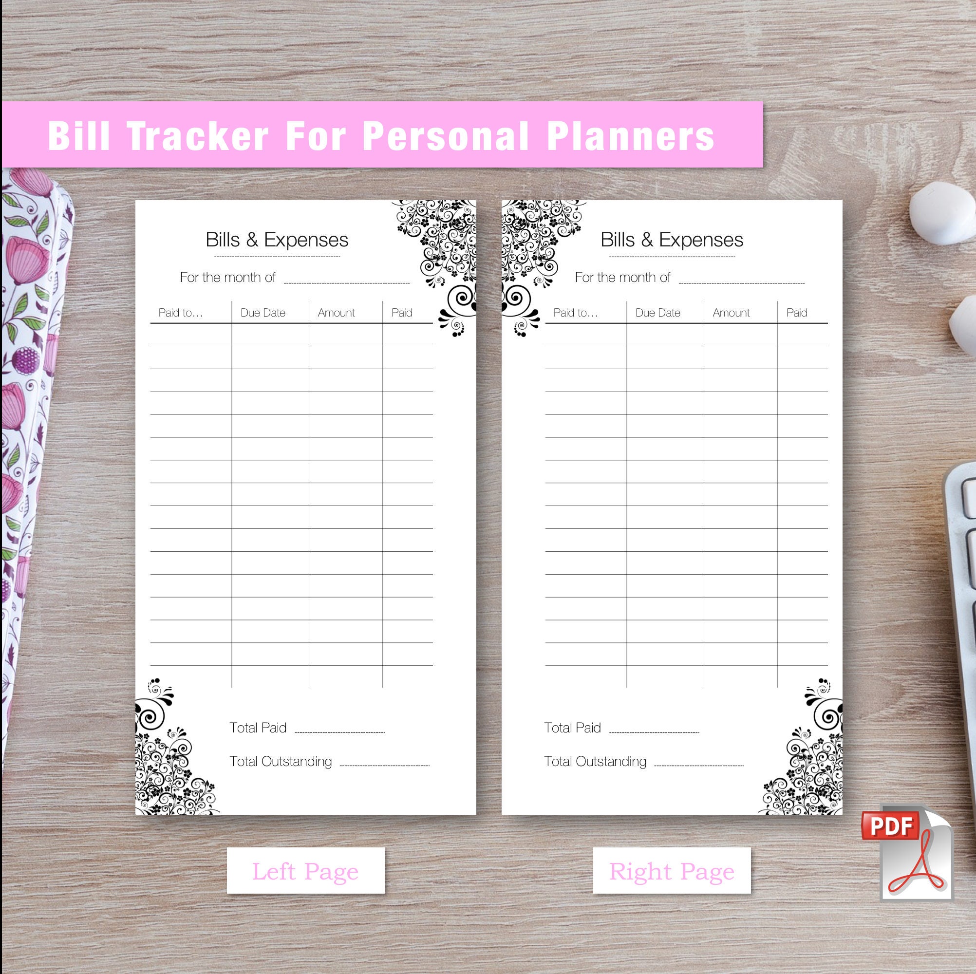Printable Expenses Bills Tracker Insert for Personal Planners 95mm X ...