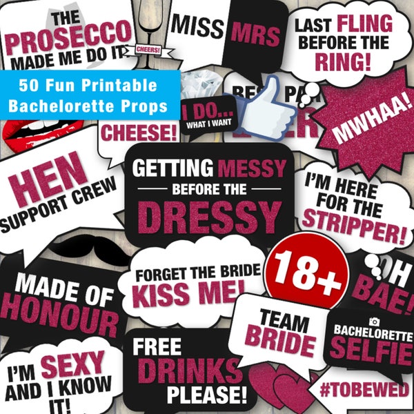 50 Fun Printable Bachelorette Party Props Hen Party Props | Funny DIY Photo Booth Speech Bubbles & Props | Instant Digital Download - PDF