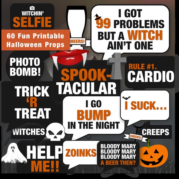 60 Fun Halloween Printable Party Props | Halloween PhotoBooth | DIY Halloween Props Speech Bubbles & Props | Instant Digital Download - PDF