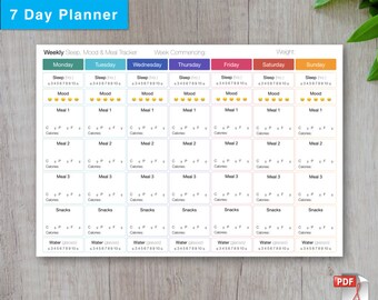 Printable Weekly Sleep, Mood, Meal Planner | Track Weight, Sleep, Mood, Meals, Snacks, Calories, Carbs, Protein, Fat & Water | Downloadable