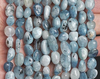 Genuine Natural Aquamarine Biotite Inclusions Gemstone Beads 7-9MM Light Blue Pebble Chips Loose Beads 15" Strand (122807)