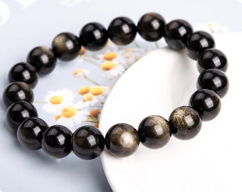 19 Stück - 10-11 MM Gold Sheen Obsidian Armband Grade AAA + echte natürliche runde Edelstein Perlen, einzig und allein (B0286-1169)