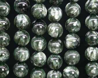 14MM SERAPHINITE GEMSTONE GREEN FLAT ROUND CIRLCE 14MM LOOSE BEADS 7.5/"