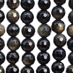 Genuine Natural Golden Obsidian Gemstone Beads 7-8MM Black Micro Faceted Round AAA Quality Loose Beads (107268)