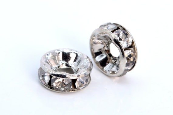 20 Perles Rondelle 10mm Strass Transparent Argenté Mat - Lot SAVMER Pour Création Bijoux