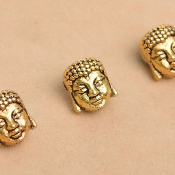 10 Pcs - 9x8MM Antique Gold Tone Buddha Head Spacer Beads (63603-2423)