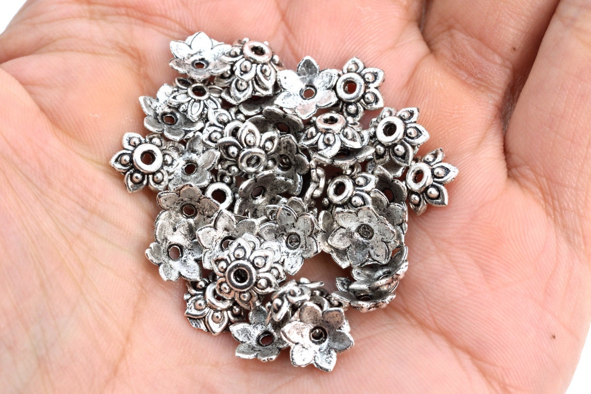30 Pcs - 8x2mm Flower Bead Cap Antique Silver Tone Zinc Alloy Bead