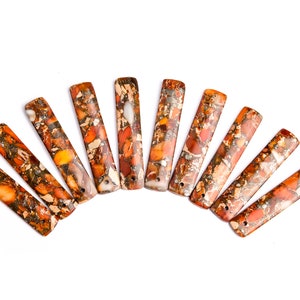 2 st - Koppar Imperial Jaspis Hänge Orange Rektangel Platta Naturliga Ädelstenar Läkande Toppborrade Cabochon Örhängen 48x10x4MM (116806)
