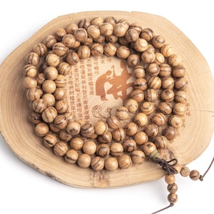 108 Pcs - 8MM Qinan Sandalwood Mala Beads Natural Round Beads 35" (80231)