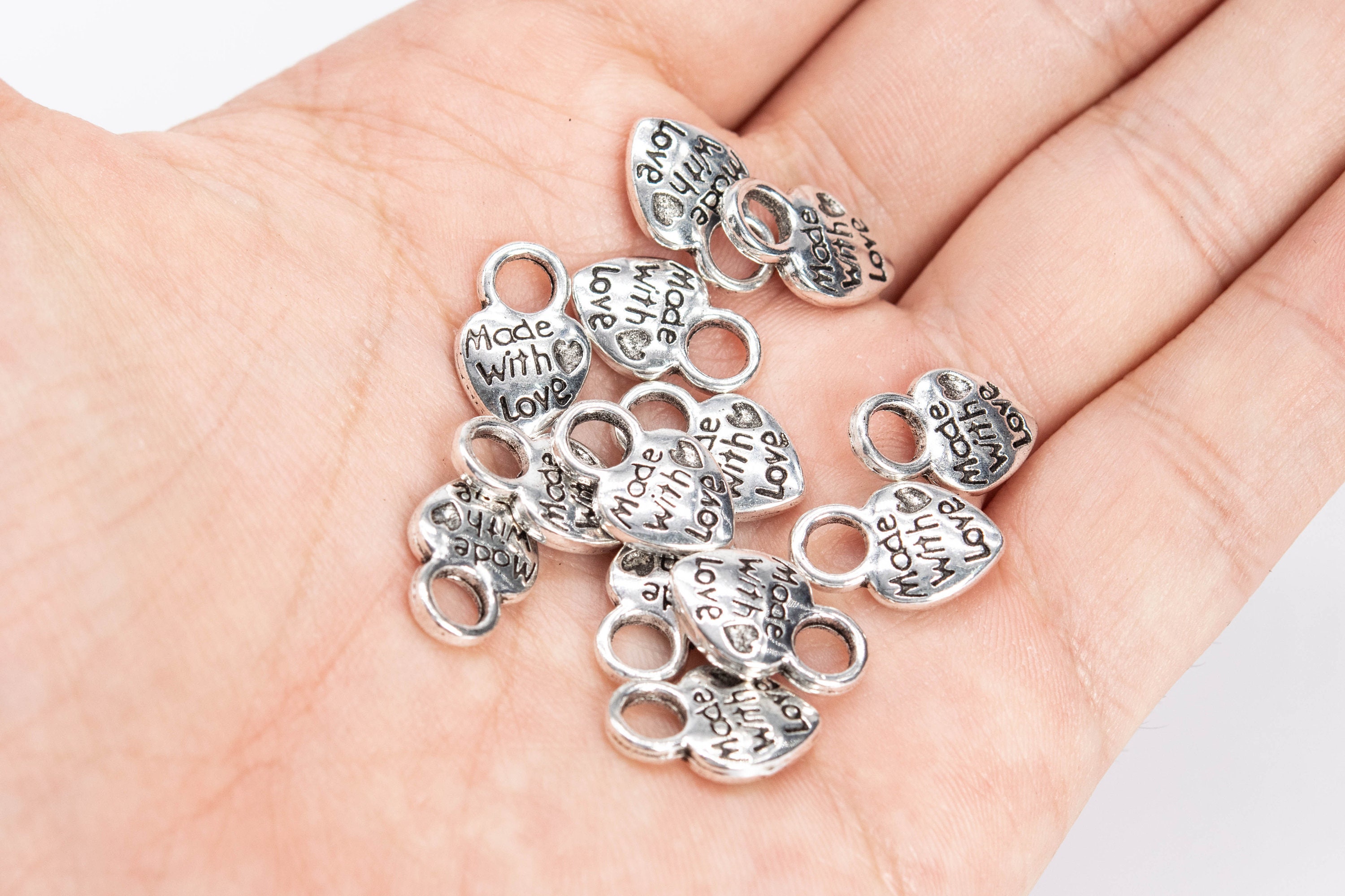 10 Pcs - 14x9x1mm Made With Love Heart Charm Double Side Antique