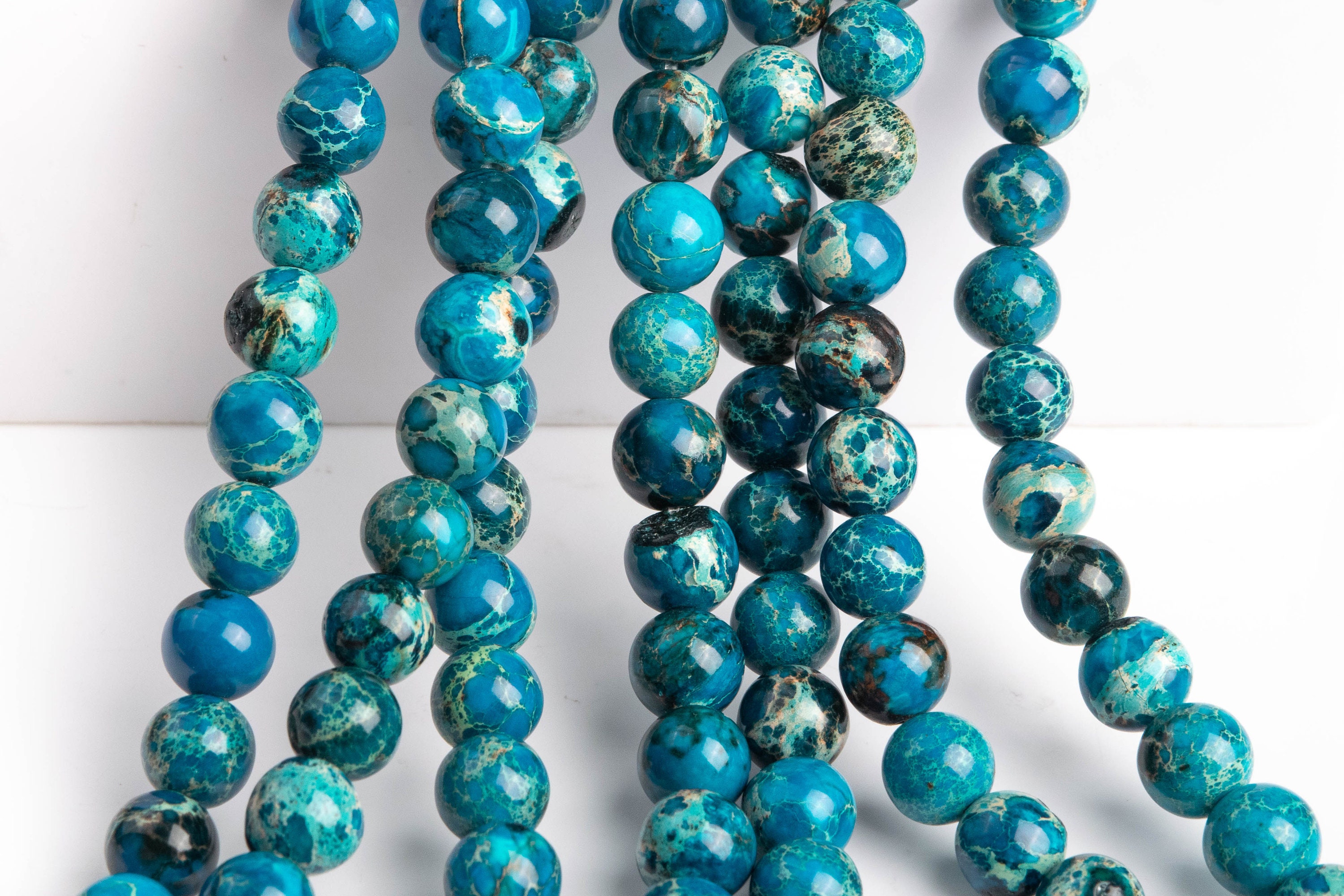 Perle Rotonde Lisce Di Diaspro Sedimentario Blu Oceano Da 4 - Foto 9