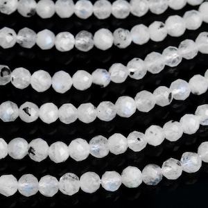 Cuentas de piedras preciosas con inclusiones de turmalina y piedra lunar arcoíris naturales genuinas, 4 mm, redondas y facetadas, de color blanco, calidad A+ (119467)