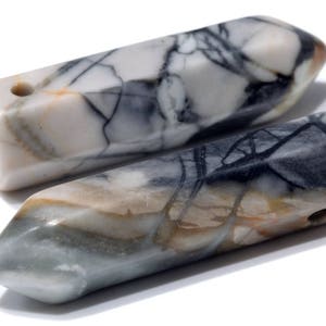 2 Pcs - 30x8MM Gray Picasso Jasper Beads Healing Hexagonal Pointed Grade AAA Genuine Natural Gemstone Loose Beads (103322)