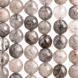 Genuine Natural Black Rutilated Quartz Gemstone Beads 9-10MM Black Micro Faceted Round AAA Quality Loose Beads (107253)