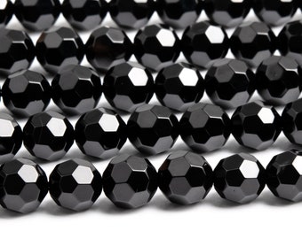 Genuine Natural Black Agate Gemstone Beads 10MM Black Micro Faceted Round AAA Quality Loose Beads (103120)