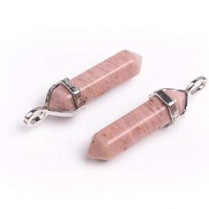 2 Pcs - 39x8MM Gray Pink Rhodonite Beads Hexagonal Pointed Pendant Natural Grade AAA Silver Plated Cap (102513)