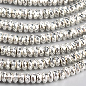 Hematite Gemstone Beads 4x2MM 18k White Gold Faceted Rondelle AAA Quality Loose Beads (106949)