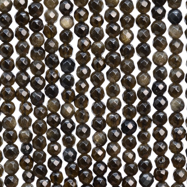 Genuine Natural Golden Obsidian Gemstone Beads 4MM Black Faceted Round AAA Quality Loose Beads (107266)