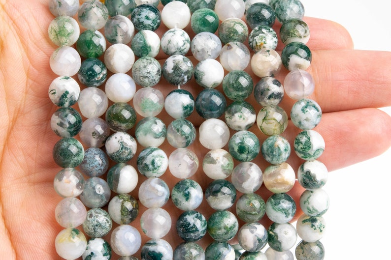Genuine Natural Moss Agate Gemstone Beads 8MM Green & White Round A Quality Loose Beads 101268 image 3