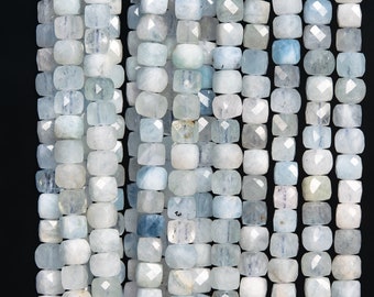 Genuine Natural Aquamarine Gemstone Beads 4MM Gray Blue Faceted Cube AA Quality Loose Beads (113037)