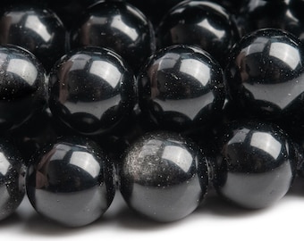 May include: A strand of black obsidian beads, each bead is smooth and polished, reflecting light.