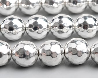 Hematite Gemstone Beads 9-10MM 18k White Gold Micro Faceted Round AAA Quality Loose Beads (107222)