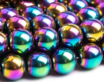 May include: A strand of iridescent rainbow hematite beads. The beads are round and have a smooth, polished finish.