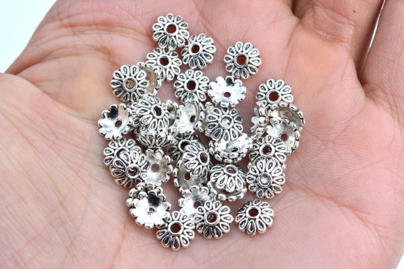 8x4MM Floral Bead Cap Antique Silver Tone Zinc Alloy 30 Pcs Bulk Lot Options 63087-2348