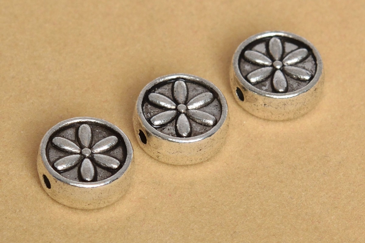 10 pcs 9mm Floral Round Spacer Beads Antique Silver Tone 63416-2398