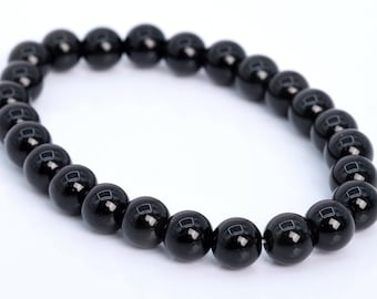 Bracelet en perles d'obsidienne naturelle véritable 8 mm, rondes, noires, de qualité (106651h-2012)