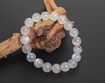 India Genuine Natural 7MM/8MM/9MM/10MM/11MM Transparent White Round Rainbow Moonstone Gemstone Beads Bracelet