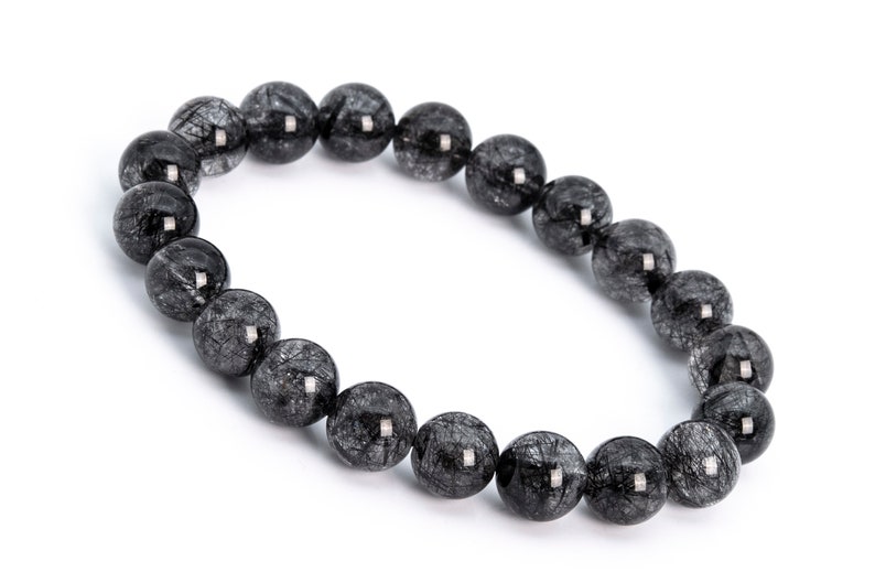 19 Pcs 9-10MM Fully Black Rutilated Quartz Bracelet Grade AAA Genuine Natural Round Gemstone Beads 114988