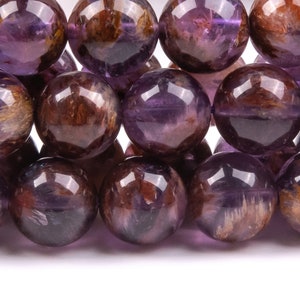 Cuentas sueltas de cuarzo con amatista fantasma púrpura natural genuina, con inclusiones de cacoxenita, de 10 a 11 mm, redondas y moradas, de calidad AAA+ (124576)